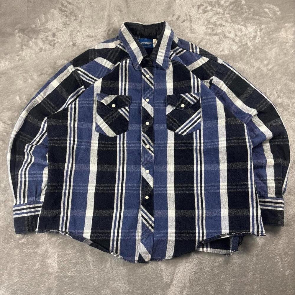 Vintage Wrangler Western Shirt Men’s XXL Blue Plaid Heavy Flannel Pearl Snap